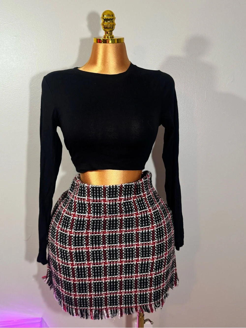 GB girls Black, Red & White Plaid Tweed Fringe Mini Skirt